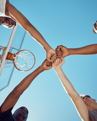 Diversity and hands of basketball sports teamwork in solidarity and collaboration to win game at basketball court. Motivation, fitness and healthy athlete men or tournament training group of people © MagicDavid/peopleimages.com