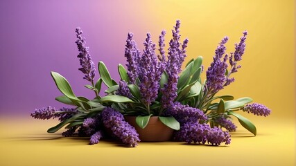 3D realistic lavender plant in yellow background with empty space text