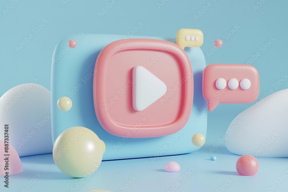 Poster a cartoonish image of a pink and yellow video player with a red play button