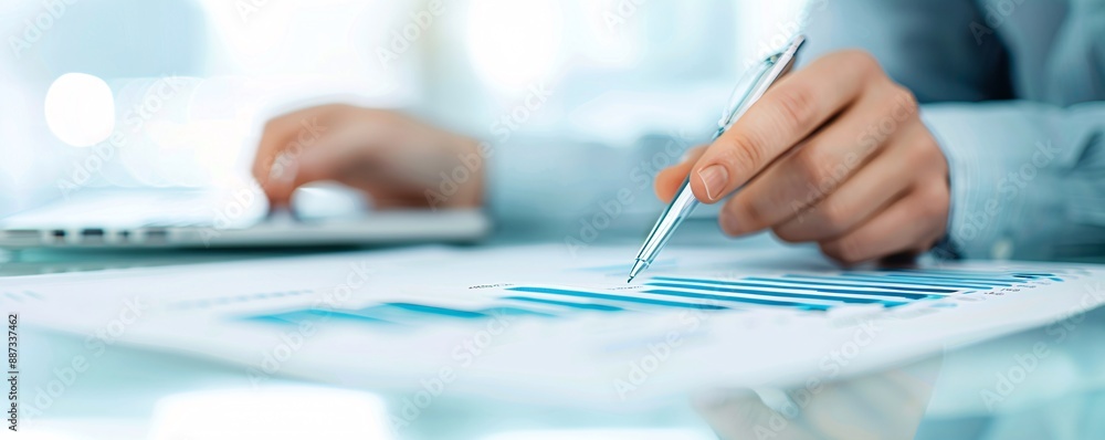Poster financial advisor discussing investment strategies with a client, close-up view with emphasis on exp
