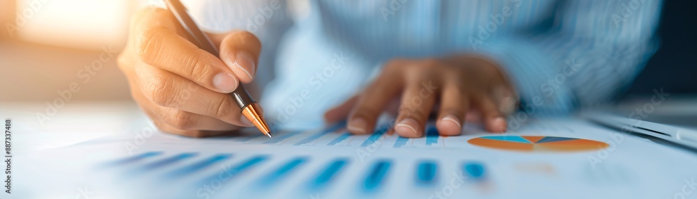 Poster close-up of an advisor highlighting key points on a financial report, demonstrating planning and inv
