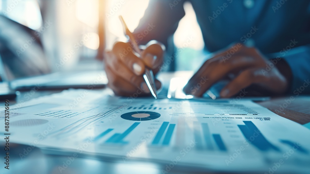 Poster Close-up of an advisor reviewing financial documents with charts and graphs, showcasing expertise in investment planning and analysis. Ample copy space for text.