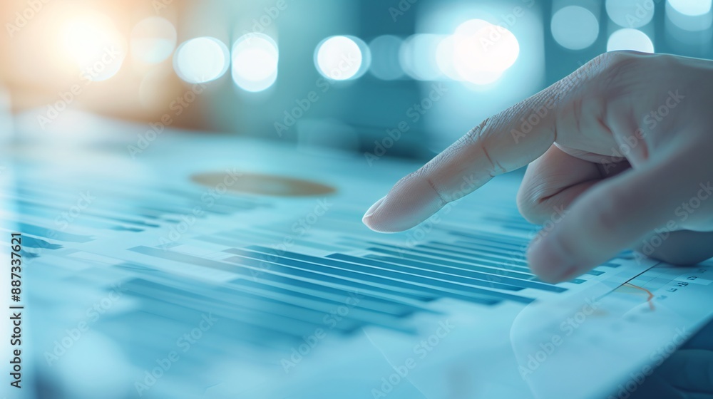 Poster an advisor's hand pointing at a detailed financial report, emphasizing expertise in investment strat