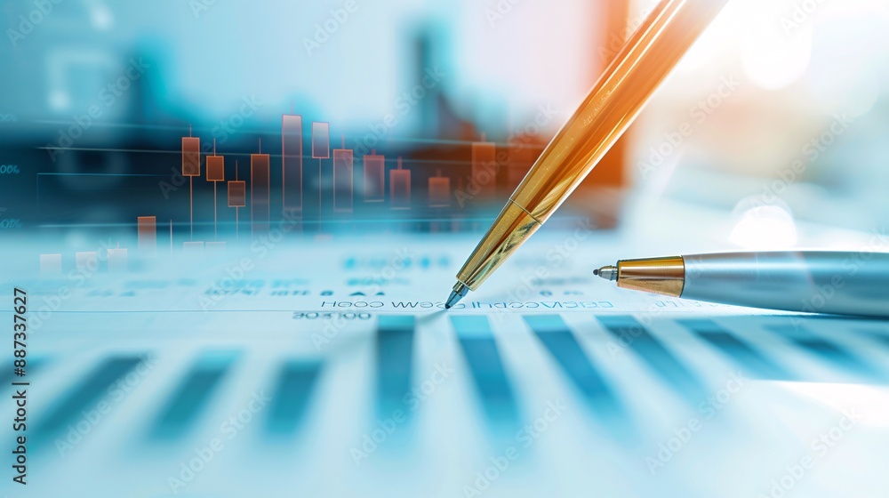 Poster close-up of an advisor's pen highlighting key data points on a financial chart, illustrating plannin