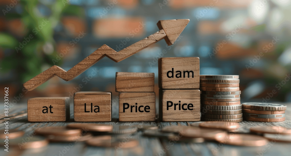 Poster increasing price blocks on stacks of coins with upward arrow symbolizing growth from inflation econo