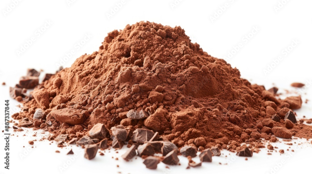 Poster a close-up view of a large pile of cocoa powder with scattered chocolate chunks