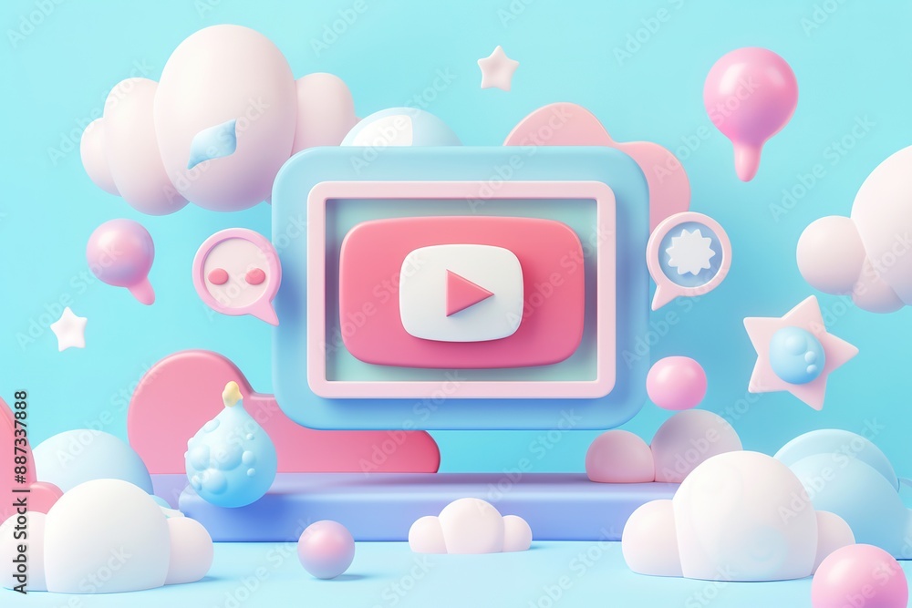 Poster a colorful cartoon image of a computer monitor with a pink and blue youtube logo