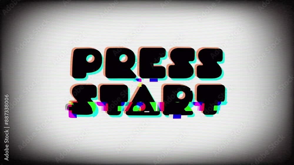 Poster press start text message animation on a television or computer screen with glitches, flickering and 