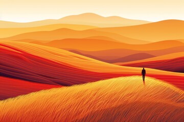 A breathtaking digital painting of rolling hills in warm golden tones, capturing the beauty of a vast, serene landscape under a glowing sky at sunset.