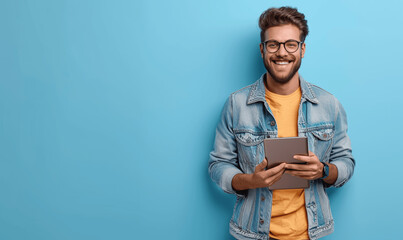 Smiling Young Businessman with Glasses Holding iPad Standing Against Blue Background