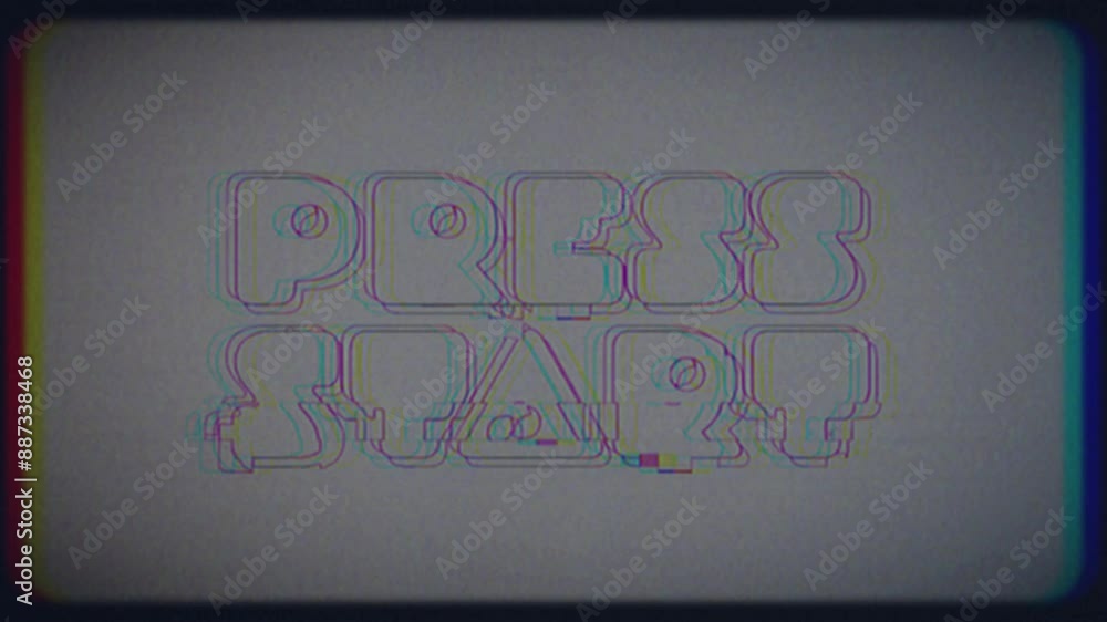 Poster press start message text animation on an old style film frame with chromatic aberrations, flickering