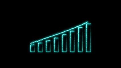  business graph chart icon neon bright cyan color 4k illustration on black background. growth concept white arrow moving.