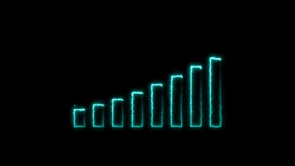  business graph chart icon neon bright cyan color 4k illustration on black background. growth concept white arrow moving.