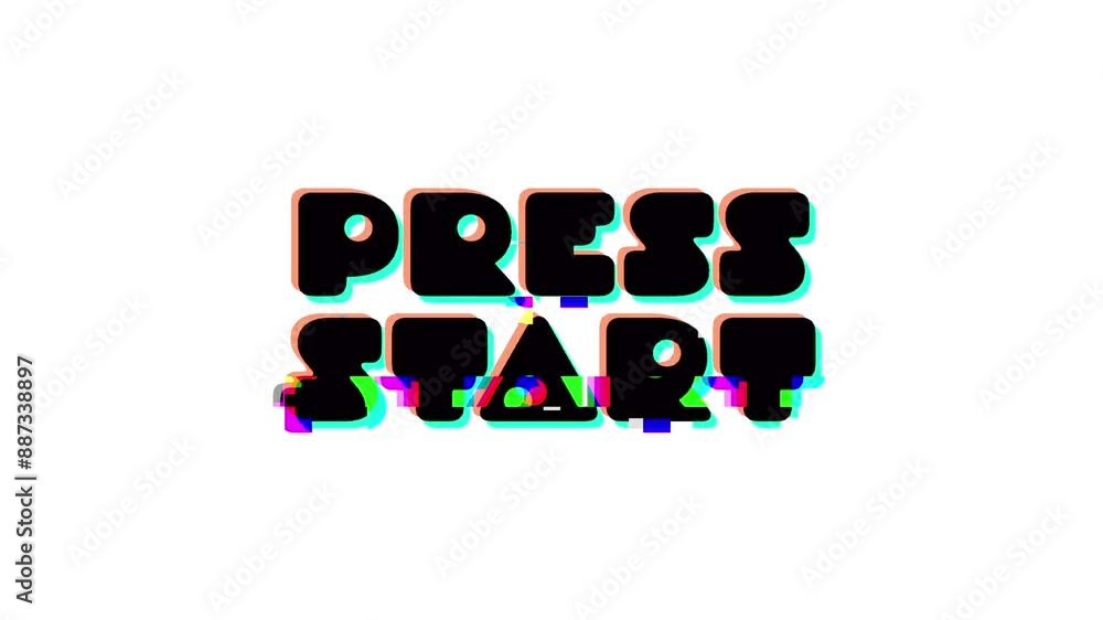 Poster press start text message animation on a white background with glitches, static, chromatic aberration