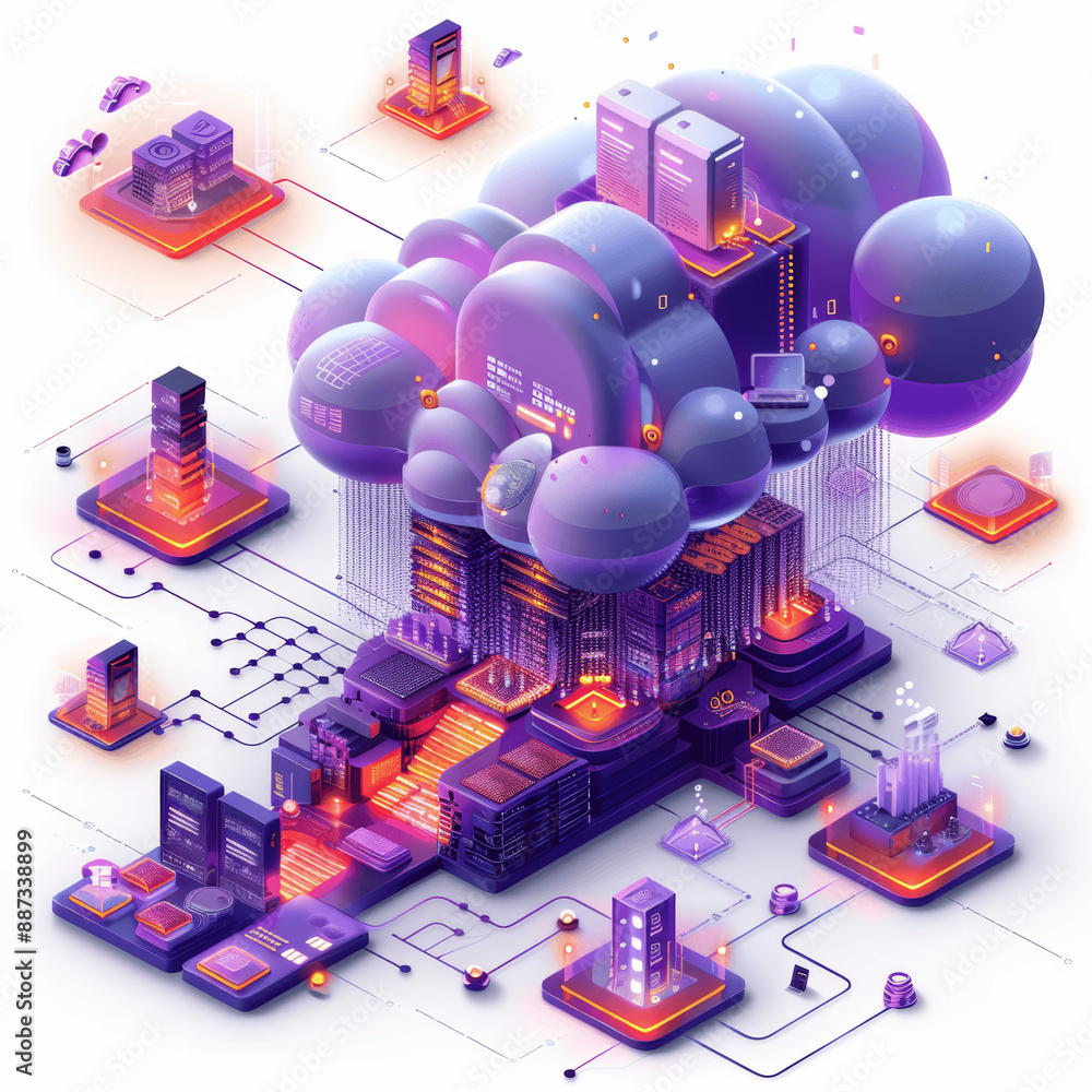 Poster isometric cloud networking data center illustration