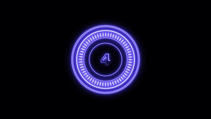  countdown timer neon bright four blue color 4k illustration on black background. four seconds timer 4k illustration.