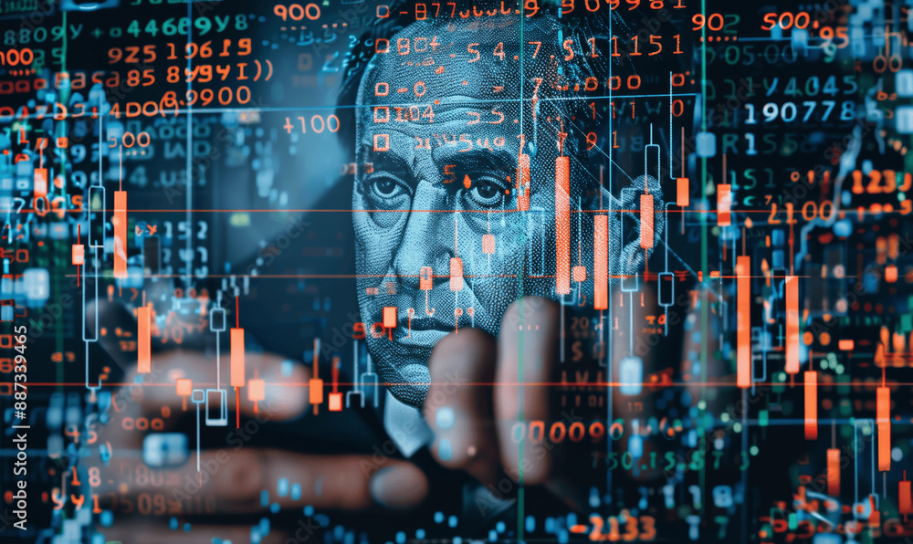 Poster businessman using smartphone for global currency exchange and online financial transactions with cur