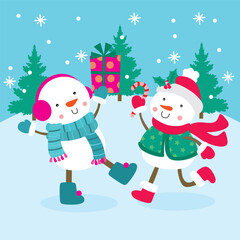 Two Cute Cartoon Snowmans with Christmas gift