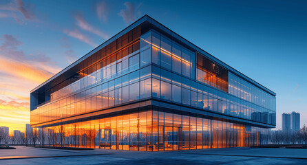 Fototapeta premium Modern business building with glass facade at sunset reflecting evening sky in Beijing industrial park