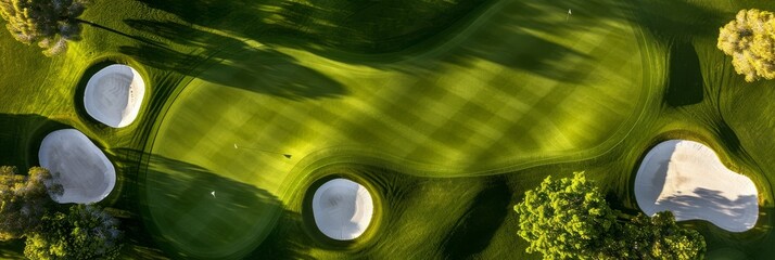 An aerial perspective of a meticulously designed golf course with vibrant green fairways and strategically placed sand traps