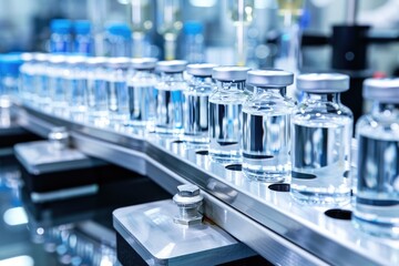 A close-up view of a conveyor belt carrying rows of sterile vials, showcasing the meticulous process of pharmaceutical manufacturing