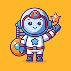 Obraz premium A flat thin line baby astronaut right hand up and holding an star...
