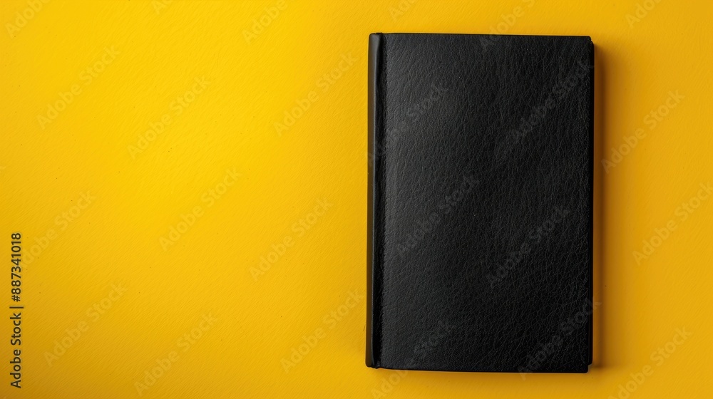 Poster notebook in black color against yellow background captured from a flat lay or top view perspective