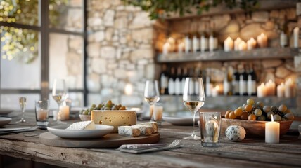 A dimly lit wine cellar with a candlelit table set for a cheese tasting.