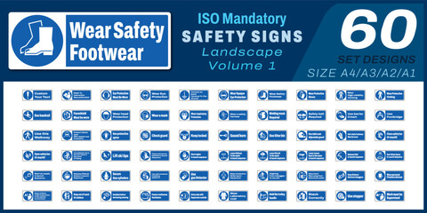 60 set ISO mandatory safety signs v1 landscape size 1/2 a4,a3,a2,a1