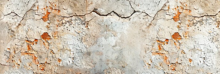 Fototapeta premium Close-up photo of weathered plaster wall with deep cracks, faded paint, and patches of orange peeking through white. Textured surface evokes age and neglect