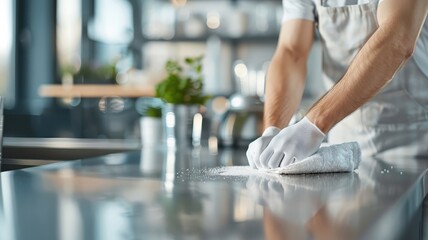 A person cleaning a stainless steel kitchen countertop in natural sunlight.