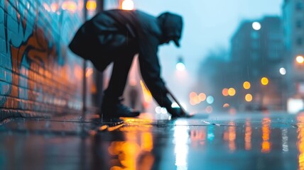 A lone figure scrubbing graffiti off a brick wall in a dark and moody photograph.