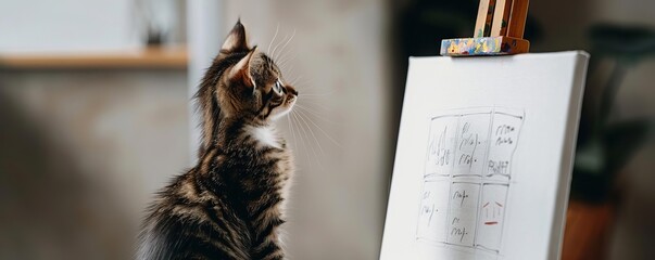 A kitten curiously watching a person paint on a canvas