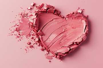 Fototapeta premium Cream blush swatch in the shape of a heart on a light pink background with copy space