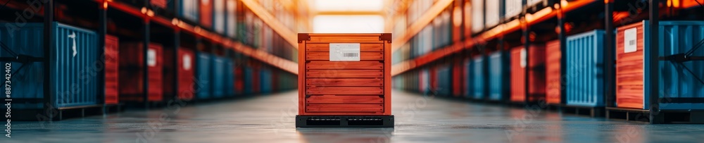 Aufkleber warehouse storage container in a long row of containers with bright sunlight shining through the ais