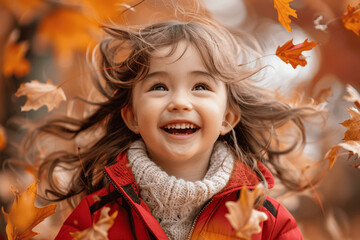 little asian girl laughing in red jacket and white sweater with black lines playing with autumn leaves outdoor