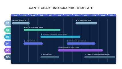 Project timeline infographic template with 6 tasks, gantt chart, dark background, vector eps10 illustration