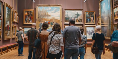 Obraz premium Visitors Admiring Artworks on Museum or Gallery Wall: AI-Generated 4K High-Resolution Wallpaper Showcasing Cultural Appreciation, Art Enthusiasts, and Immersive Exhibition Experience