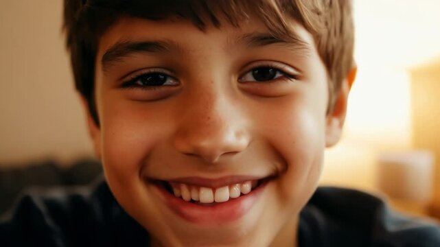 A young boy with brown hair and eyes smiles brightly at the camera, captured in a close-up portrait.