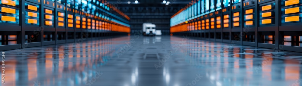 Poster futuristic server room interior design with reflective floor and rows of data storage cabinets - mod