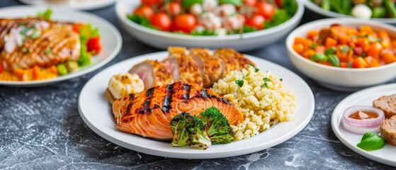 grilled salmon with rice and broccoli on a white plate, surrounded by other dishes on a grey tabletop, food photography.