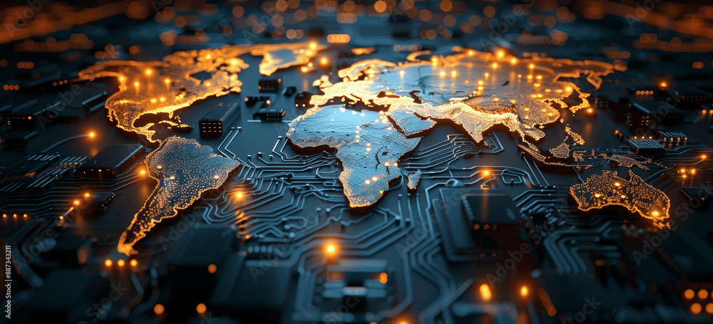 Poster global electronics and trade network, digital world map with circuit board and ai technology, intern