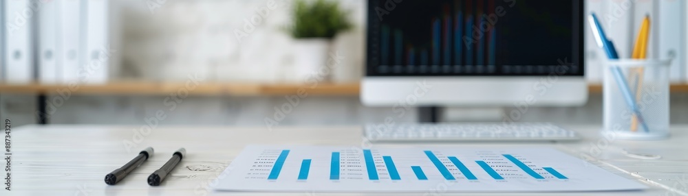 Poster close-up of a bar graph on a desk with pens, keyboard, and computer monitor in the background, offic
