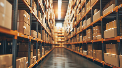 modern warehouse interior with rows of cardboard boxes on shelves, industrial storage and logistics concept.