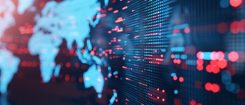 abstract digital world map with red and blue data visualization on a pixelated screen.