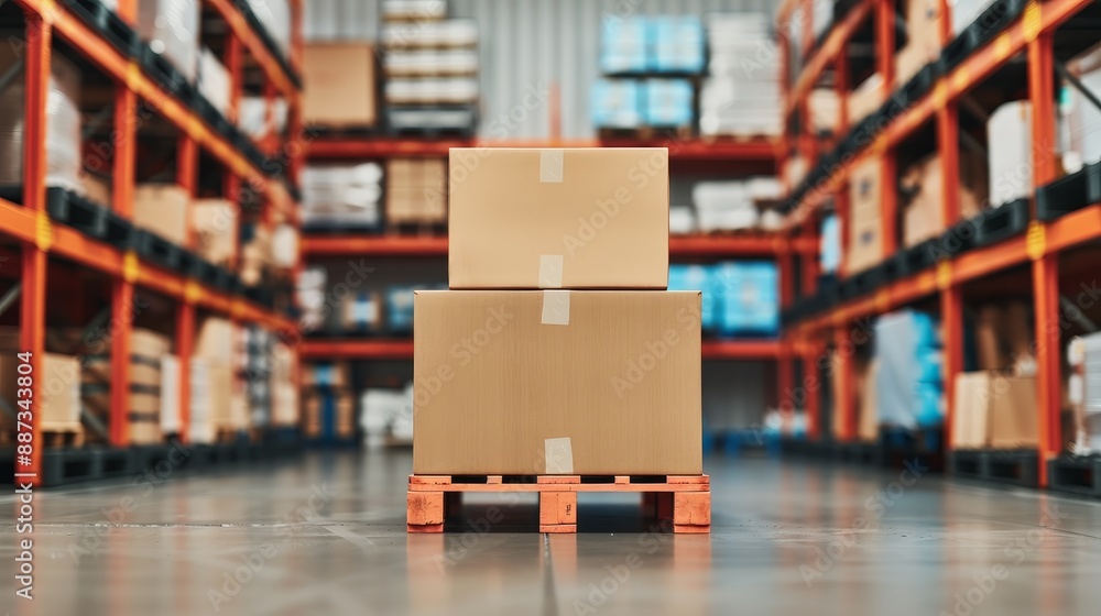 Aufkleber two cardboard boxes stacked on a pallet in a warehouse with rows of shelving in the background.