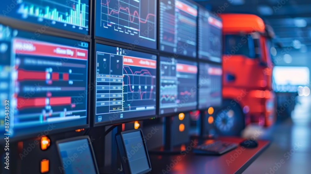 Poster modern logistics control room with large monitors displaying data and a red semi truck in the backgr