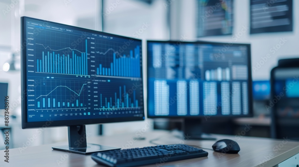 Poster modern office workspace with two computer monitors displaying financial data and charts for business