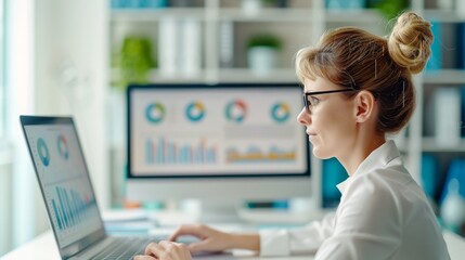 focused businesswoman analyzing data on laptop and desktop computer in modern office workspace.
