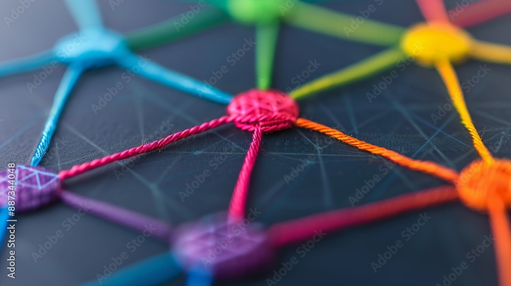 Poster abstract colorful string network concept for connection, collaboration, and teamwork - macro photogr